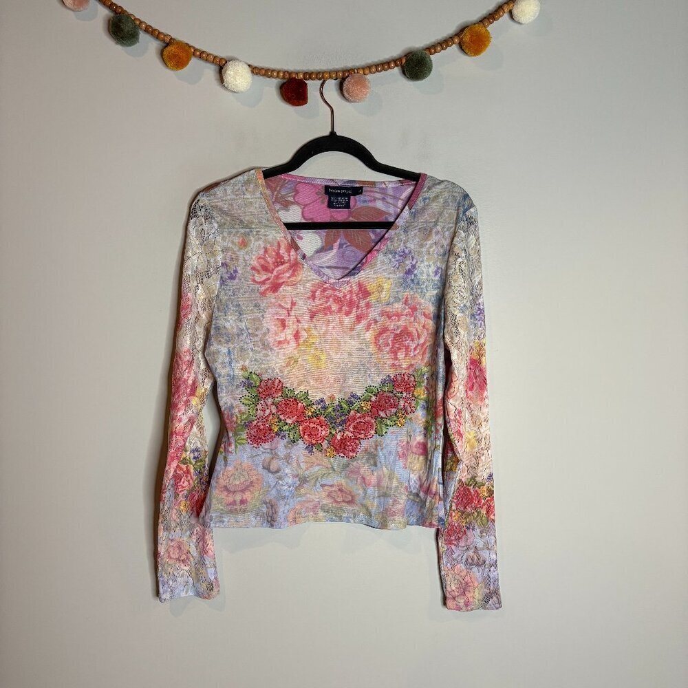 Y2K Boston Proper colorful floral beaded mesh top